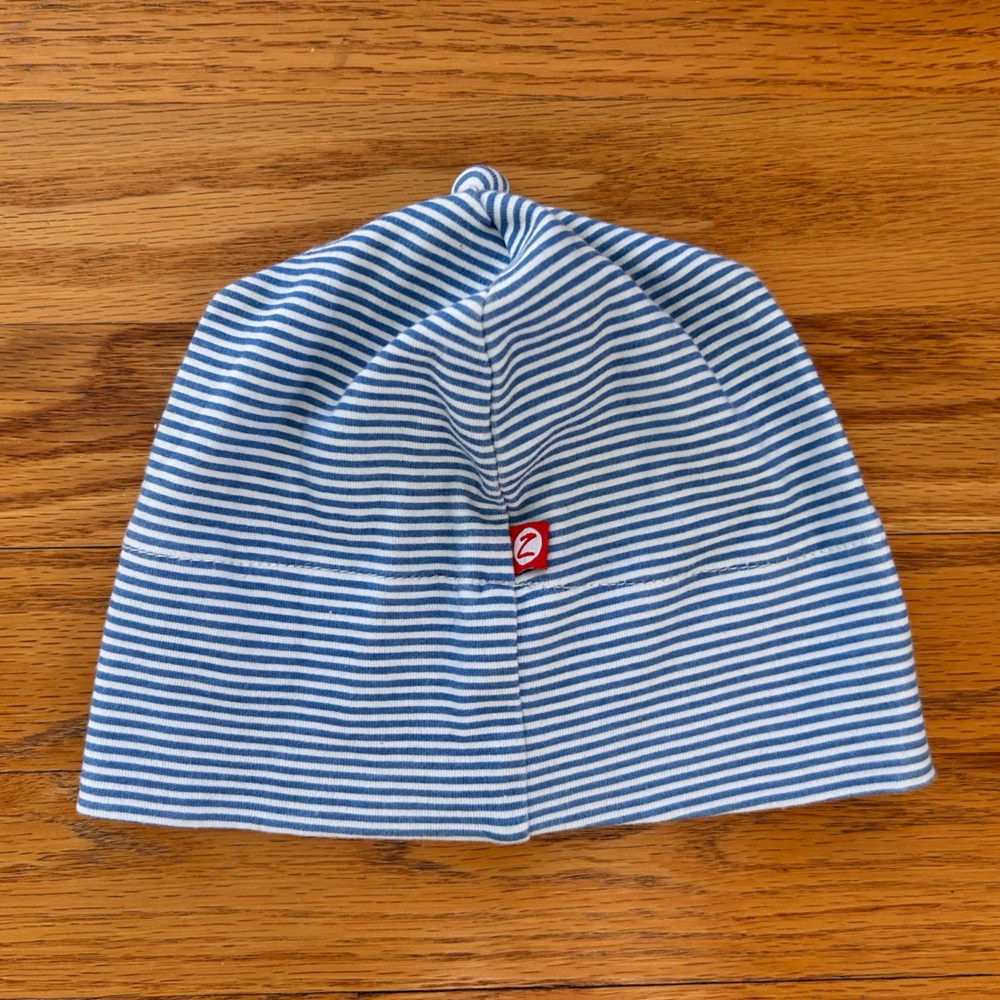 Zutano Blue & White Striped Infant Beanie with Red Logo